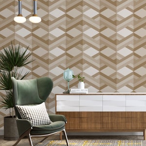 Beige Geometric Wallpaper, Luxury Brown Lines Peel and Stick Wall Murals, Self Adhesive Wall Covering Removable Wallpaper for Office Bedroom