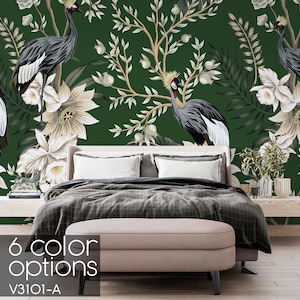 Tropical Baroque Wallpaper | Peel and Stick | Crane and Flower Design | Adhesive Wall  Mural