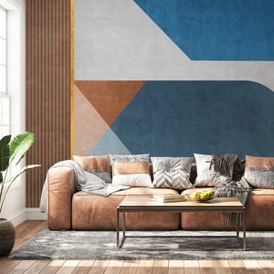 Modern Geometric Peel And Stick Wallpaper with Blue Gray Gold Lines – Trendy Wallpaper, Easy Peel Off for DIY Trend Decor