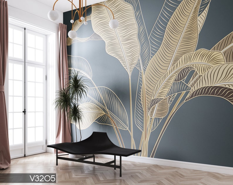 Gold Banana Leaf Wallpaper: Tropical Peel and Stick Wall Mural - Etsy