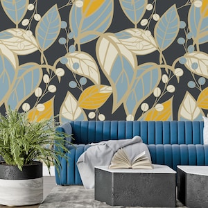 Leaf Wallpaper, Gray Yellow Blue Wall Mural, for living wall Covering, Peel and Stick, Fabric Wallpaper