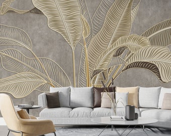 Tropical Wallpaper with Banana Leaf Design - Gold, Bronze, and Beige Wall Mural for Kitchen and Bedroom