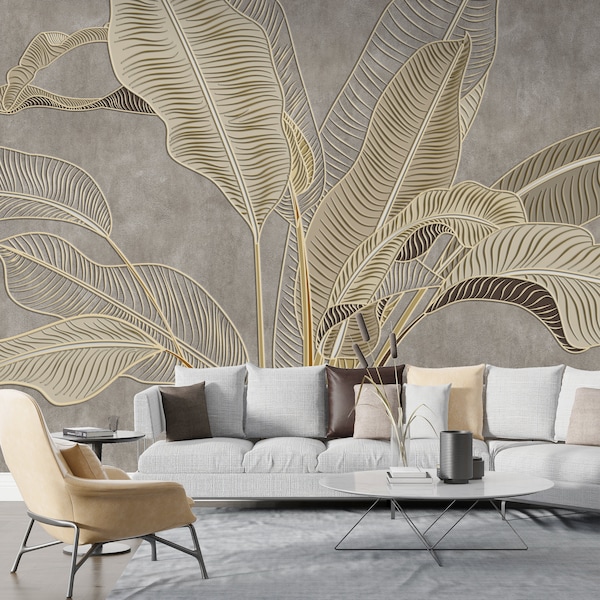 Tropical Wallpaper with Banana Leaf Design - Gold, Bronze, and Beige Wall Mural for Kitchen and Bedroom