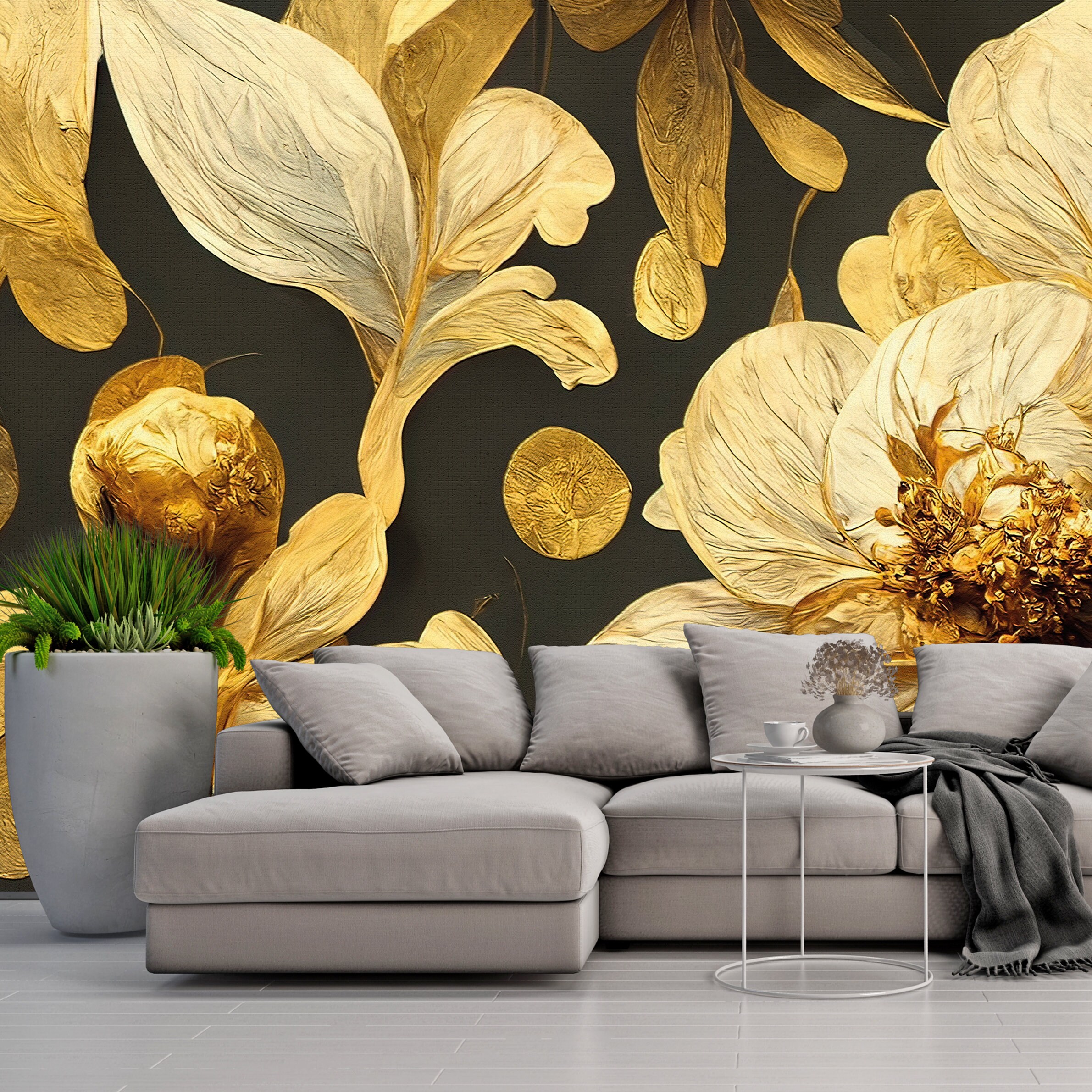 Gold Leaf Floral Wallpaper: Luxury Peel and Stick Wall Mural - Etsy