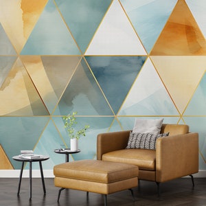 Trend Geometric Wallpaper, Green Brown Wall Mural, for living wall Covering, Peel and Stick, Fabric Wallpaper