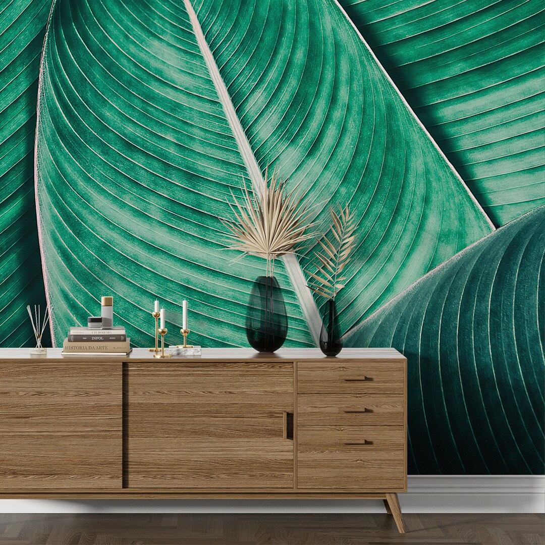 Green Tropical Leaf Wallpaper: Peel and Stick Wall Mural - Etsy