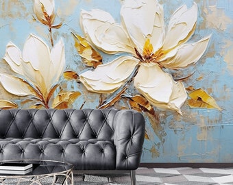 Trend Flower Wallpaper, Modern Blue Gold Wall Mural, Removable Minimal Wallpaper Self Adhesive Wall Covering, Peel and Stick