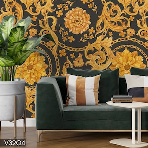 Retro Wallpaper, Gold Gray Peel and Stick Wall Murals, Self Adhesive Wall Covering, Removable Wallpaper, Fabric Wallpaper