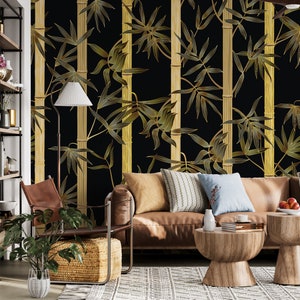 Tropical Bamboo Wallpaper, Black Gold Wall Mural, for living wall Covering, Peel and Stick, Fabric Wallpaper