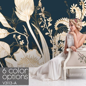 Gold Flower Wall Mural: Peel and Stick Wallpaper, Custom Wall Covering