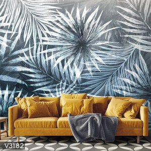 Palm Leaves Modern Wallpaper, Blue Leaf Peel and Stick Wall Murals, Self Adhesive Wall Covering, Removable Wallpaper, for Office Bedroom