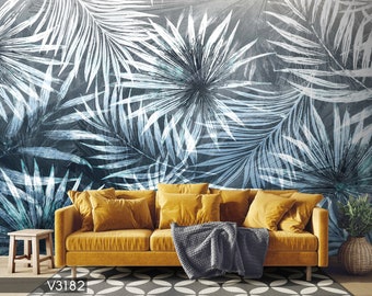 Blue Palm Leaf Wallpaper: Modern Peel and Stick Wall Mural