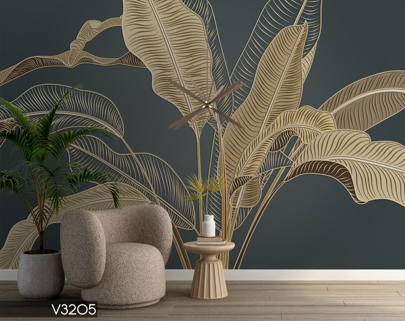 Gold Banana Leaf Wallpaper, Tropical Leaf Peel and Stick Wall Murals
