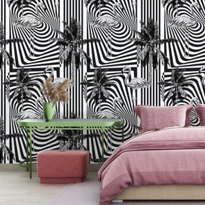 Tropical Geometric Wallpaper, Black Lines Peel and Stick Wall Murals, Self Adhesive Wall Covering Removable Wallpaper for Office Bedroom