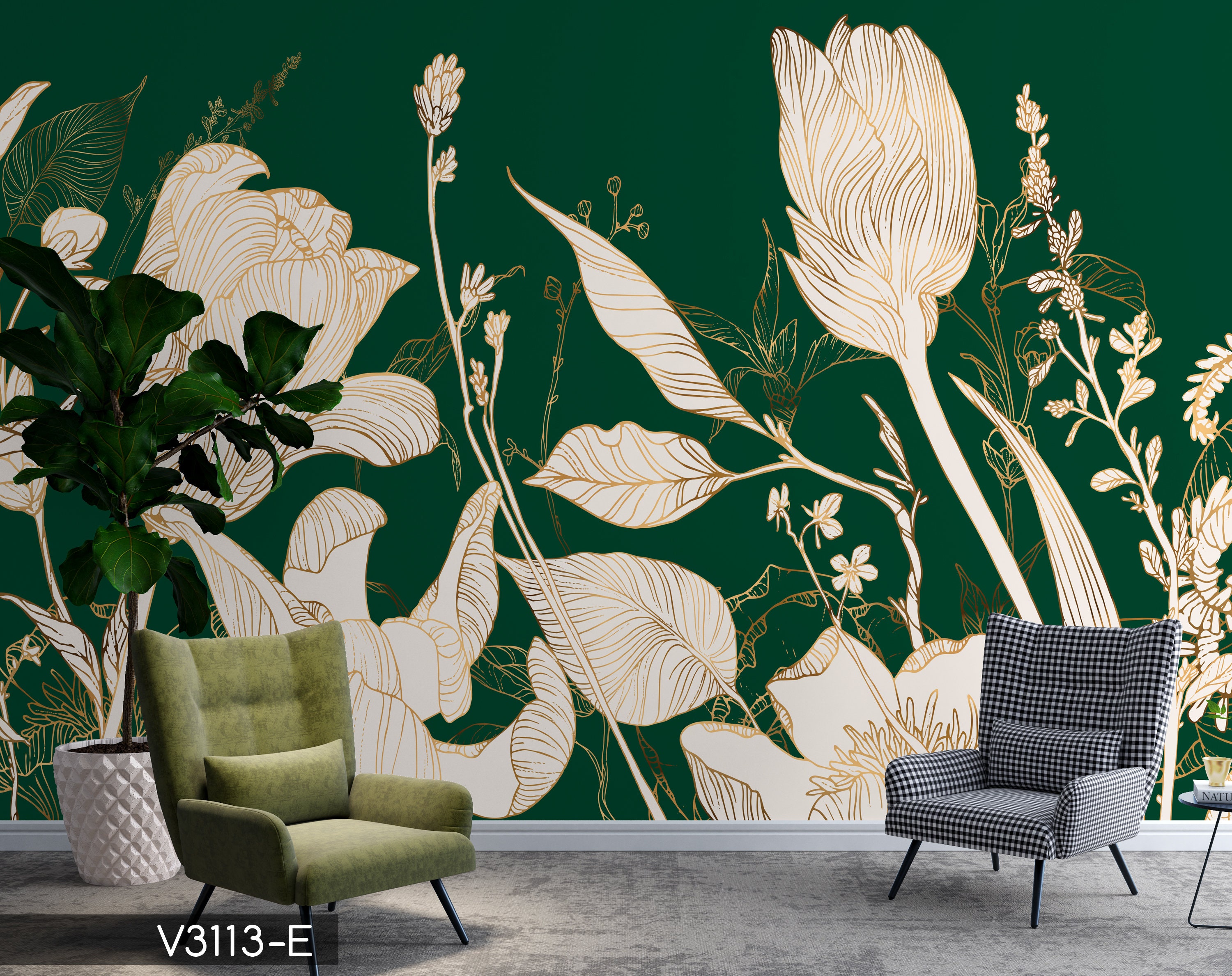 Gold Flower Wall Mural Wallpaper Custom Wall Covering Peel Etsy