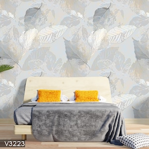 Vintage Floral Leaf Wallpaper - Light Gray and Light Gold - Peel and Stick, Easy to Install Wall Mural