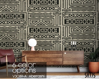 May include: A brown wooden dresser with six drawers sits in front of a wall with a black and white geometric pattern wallpaper. The wallpaper has a distressed look and the text "V3089-A A berashi" is printed at the bottom of the image. The text "6 color options" is printed above the product name.