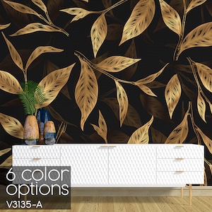 Gold Leaf Leaves Wallpaper, Wall Mural, Wall Covering, Peel and Stick, Wall Decor, for Living Room, for Bedroom, for Kitchen,