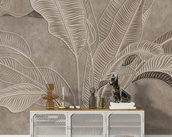 Tropical Wallpaper with Banana Leaf Design - Gold, Bronze, and Beige Wall Mural for Kitchen and Bedroom