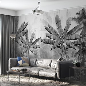 Tropical Palm Wallpaper with Banana Leaf Design - Black and White Wall Mural for Kitchen and Bedroom