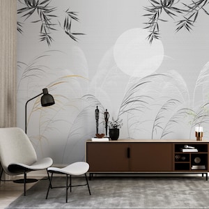 Removable Wallpaper, Self Adhesive Wall murals, Peel and Stick Minimal Sedge Leaves Wallpaper, Gray Leaf Wall Murals