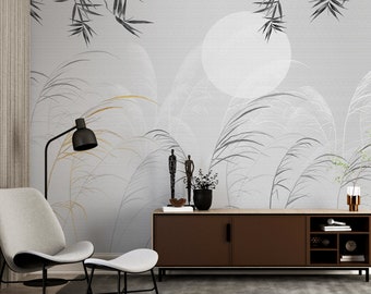 Minimalist Sedge Leaf Wallpaper - Gray Peel and Stick Wall Mural