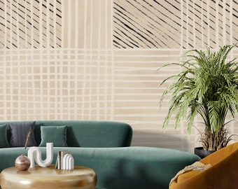 Beige Scandinavian Lines Wallpaper: Minimal Peel and Stick Wall Mural