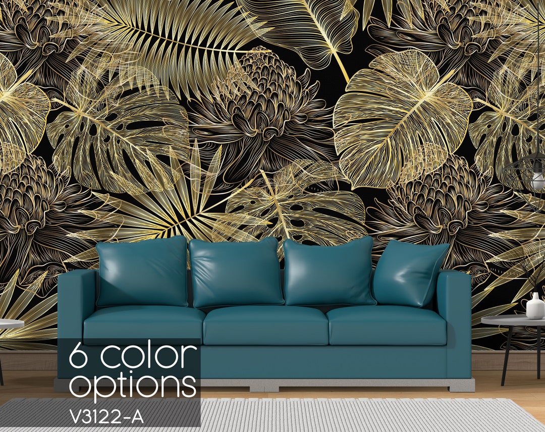 Gold Tropical Leaf Wallpaper Mural: Peel and Stick Wall Covering - Etsy