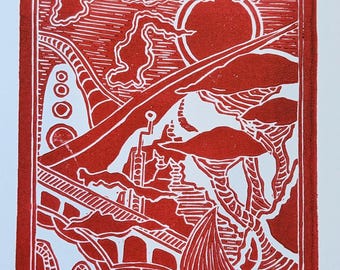 Impresión de paisaje montañoso urbano futurista