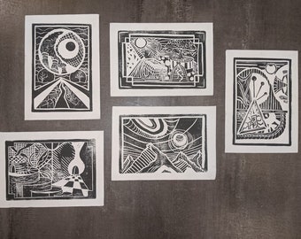 Set of 5 original block prints, linocut art