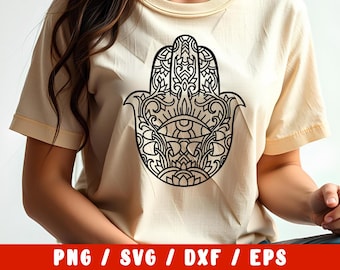Archivo de corte SVG de mano de Hamsa - Mandala de yoga bohemio mehndi mágico (calcomanía de vinilo, silueta, cameo, Cricut, transferencia para planchar en diseño de tela para taza y camisa)