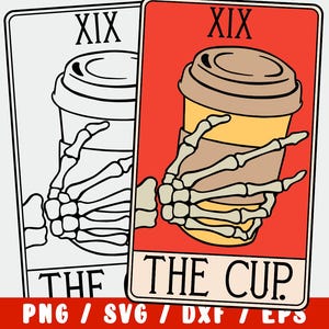 May include: A tarot card with a red background and a skeletal hand holding a coffee cup. The card is labelled "XIX The Cup".