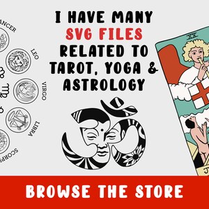 May include: A digital illustration of a tarot card, the Judgement card, with an angel blowing a trumpet. The card is surrounded by a circle of zodiac signs, an Om symbol, and the text "I have many SVG files related to tarot, yoga & astrology. Browse the store."