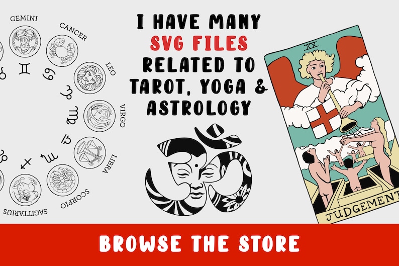 May include: A digital illustration of a tarot card, the Judgement card, with an angel blowing a trumpet. The card is surrounded by a circle of zodiac signs, an Om symbol, and the text "I have many SVG files related to tarot, yoga & astrology. Browse the store."