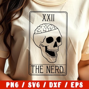 May include: A black and white illustration of a skull with a brain inside, set against a white background. The image is framed in a black rectangle with the text "XXII" and "THE NERD."