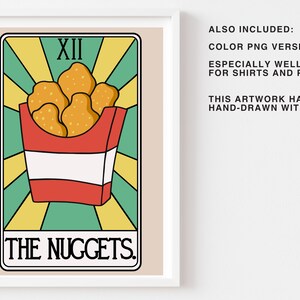 May include: A retro-style tarot card illustration featuring a box of chicken nuggets with the text "XII THE NUGGETS."