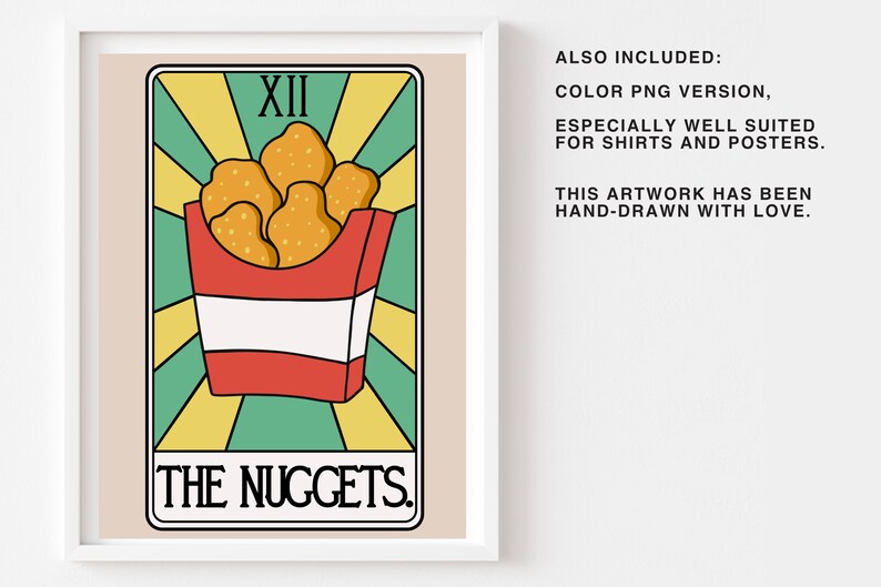 May include: A retro-style tarot card illustration featuring a box of chicken nuggets with the text "XII THE NUGGETS."