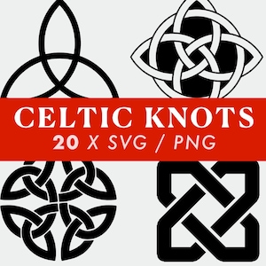 May include: A collection of four black Celtic knot designs. The image includes a red banner with the text "CELTIC KNOTS 20 X SVG / PNG" in white. The knots are in various shapes, including circular and square.