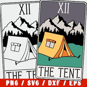 Archivo SVG de camping: archivo recortado de cartas del tarot de tienda de campaña: diseño de aventura de senderismo de montaña para Cricut y Silhouette