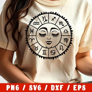 Roue du zodiaque SVG coupe fichier - soleil svg png - astrologie (autocollant vinyle pour silhouette camée fer à repasser sur le transfert sur la conception de tissu de chemise de tasse)
