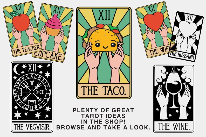 May include: A set of illustrated tarot cards with a whimsical theme. The cards feature images of a taco, cupcake, apple, heart, wine glass, and a compass. The cards are labeled with the names "The Teacher", "Cupcake", "The Taco", "The Wife", "The Husband", "The Vegvisir", and "The Wine".