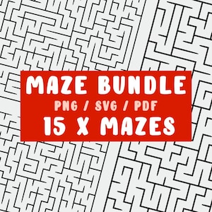 May include: A black and white maze pattern background with a red rectangle in the center. The rectangle contains the text "MAZE BUNDLE" in white, along with "PNG / SVG / PDF" and "15 X MAZES".