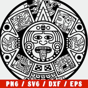 May include: Black and white illustration of an Aztec calendar. The circular design features intricate patterns, a central face with a protruding tongue, and surrounding glyphs. The bottom of the image has the text "PNG / SVG / DXF / EPS" in white letters on a red background.