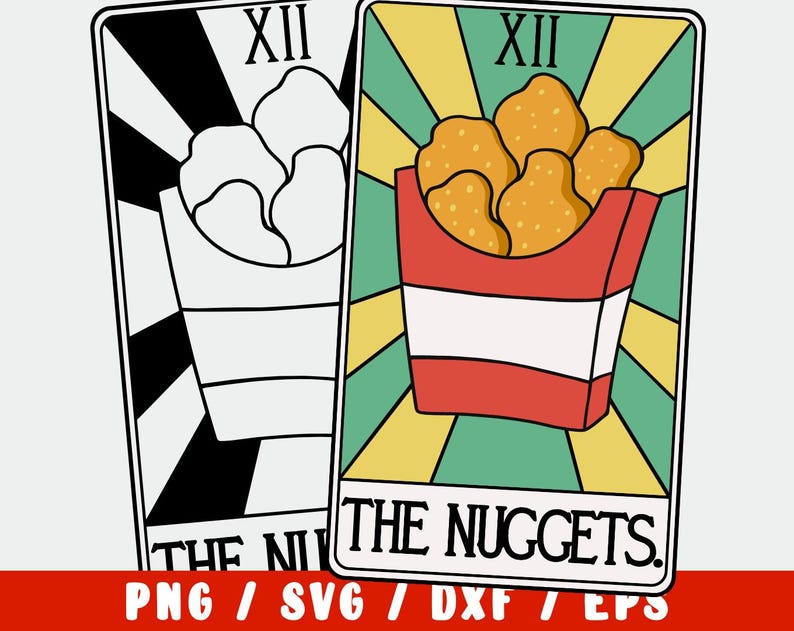 May include: A tarot card with a yellow, green, and red background. The card is labeled "The Nuggets" and features a cartoon image of a red and white container of chicken nuggets. The number XII is printed in the top right corner of the card.