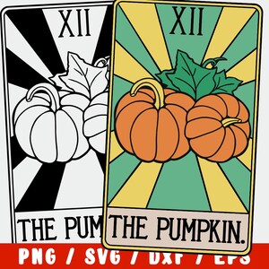 May include: A tarot card with a yellow, green, and white striped background. The card is labeled "XII" and "THE PUMPKIN". The card features a drawing of two orange pumpkins with green leaves.