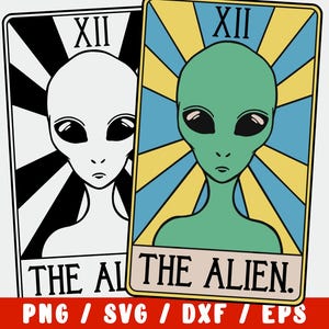 May include: A black and white tarot card with a green alien face and the text "The Alien" on a yellow background. The card number XII is in the top right corner.