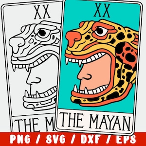 Puede incluir: Un contorno en blanco y negro de una cabeza de jaguar con la boca abierta y una cabeza de jaguar roja y amarilla con la boca abierta. Las cabezas de jaguar están en una tarjeta con el número XX y el texto "The Mayan".