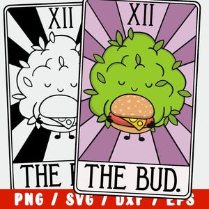 Könnte beinhalten: Eine Tarotkarte mit einer grünen, blättrigen Figur, die einen Hamburger hält. Die Karte ist mit "The Bud" beschriftet und trägt die Nummer XII.