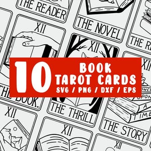 Buch-Tarotkarten SVG-Bundle - 10 mystische Tarot-Designs mit Buchbezug - Png SVG Dxf Eps - Printable Bibliothek Clipart für Cricut & Silhouette