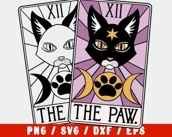 Cat SVG Cut File - Paw Cute Black Witchy Animal Tarot Card (vinyl decal for silhouette cricut iron on transfer on mug shirt fabric design)